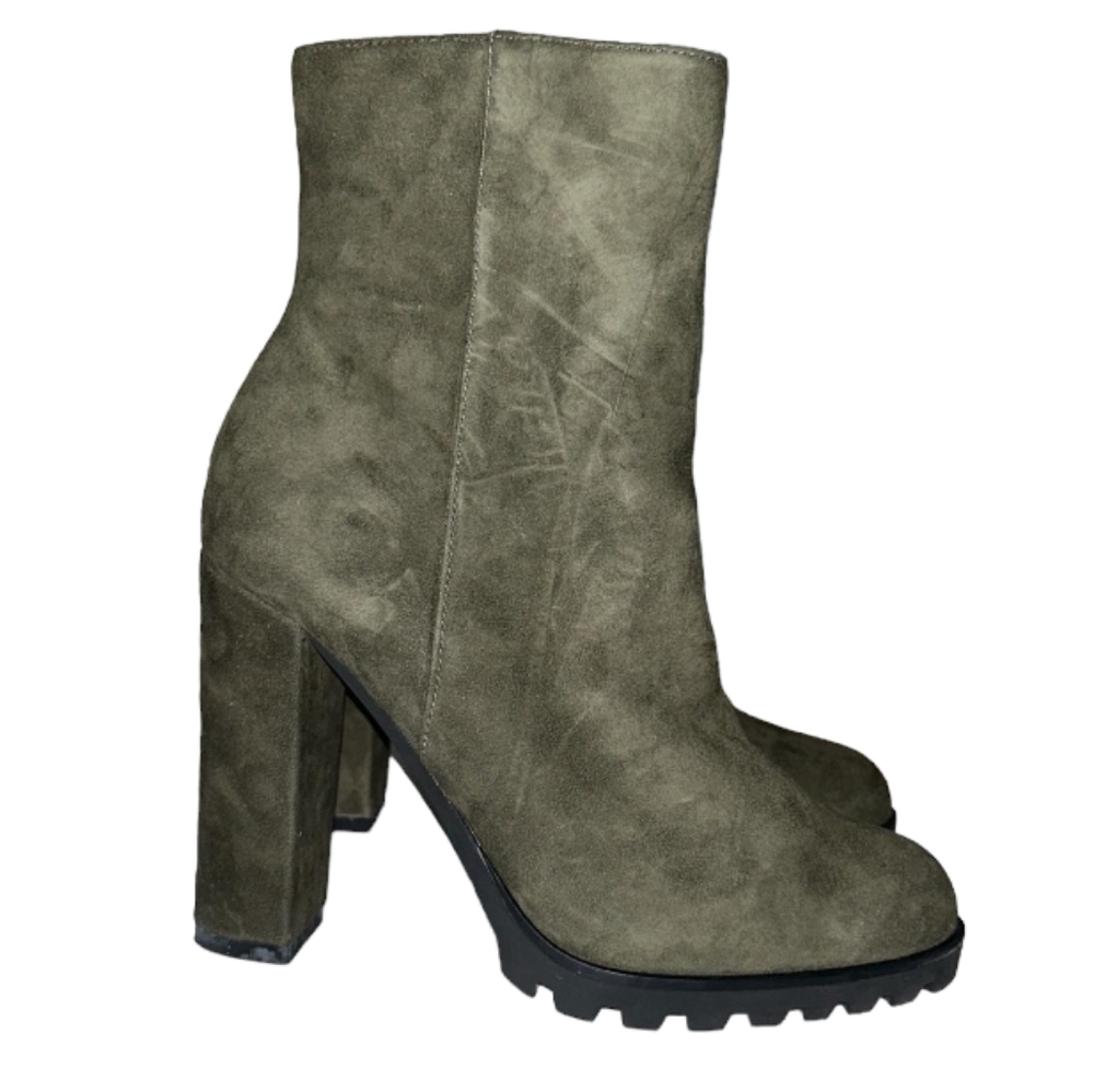 New Aldo Tealith Green Suede Leather Boots 9 Ankle Booties Combat Chunky Heels